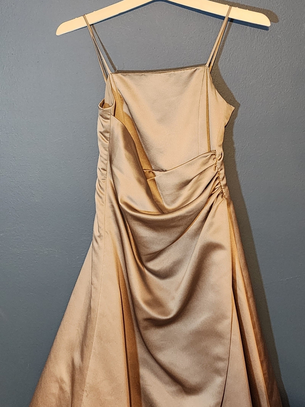 Satin Spaghetti-Strap Evening Dress in Champagne
